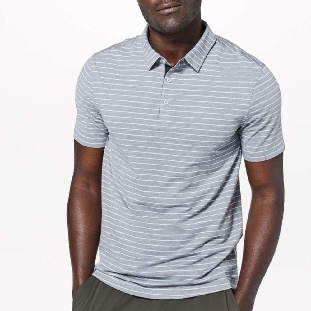 Lululemon Evolution Polo Bunker Stripe Heathered White Battleship Mens Small EUC